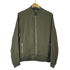 Zara Man Olive Army Green Men's Linen Jacket Bomber Style Large Front Zip Pocket